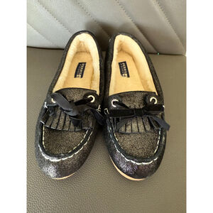 Women's Sperry Black Glitter Faux Fur Lined Slippers